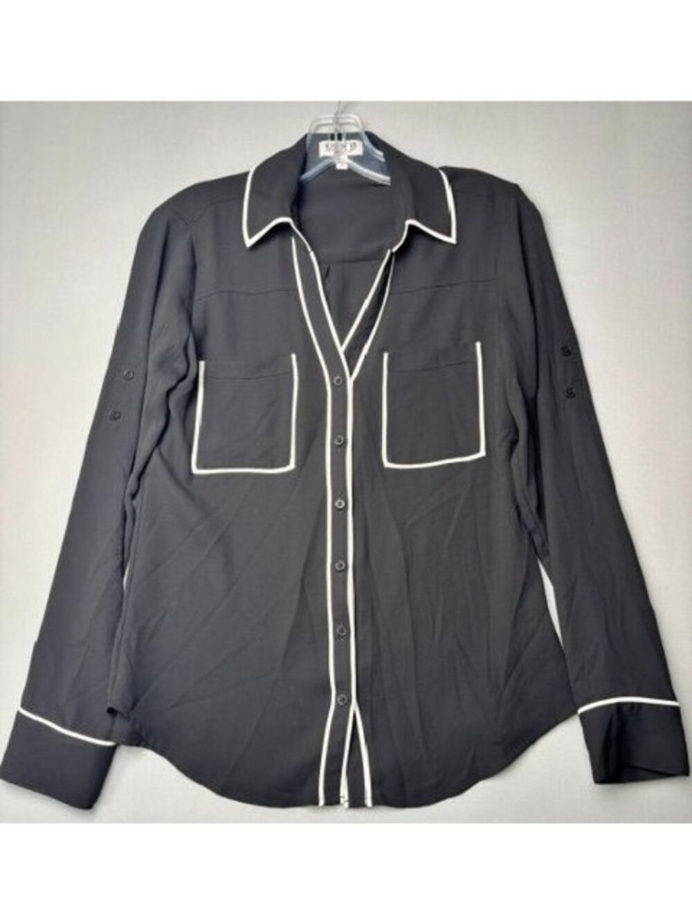 Express The Portofino Shirt Women's Small Black White Trim Button Front